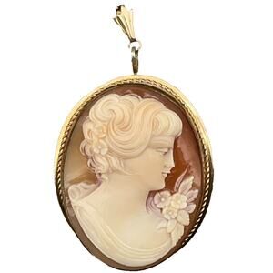 VTG 14K Gold Fill Hand Carved Cameo Pin Brooch Pendant Rope Frame Fine Jewelry